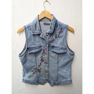 Vintage Y2K Bill Blass Embroidered Roses Beaded Jean Denim Vest Size Medium